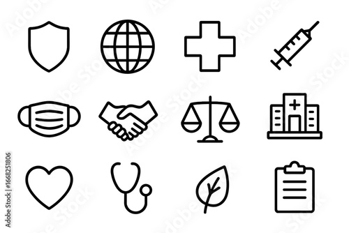 Public Health Icons. Outline icon set of public health ethics: shield, globe, medical cross, syringe, mask,