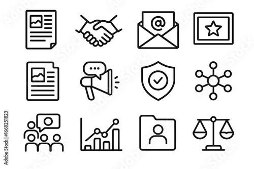 Public Relations Icons. Outline icon set of public relations: press release, handshake, PR email, brand image,