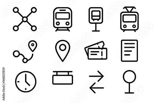 Public Transport Icons. Outline icon set of public transport route: metro map, train icon, bus stop, tram icon