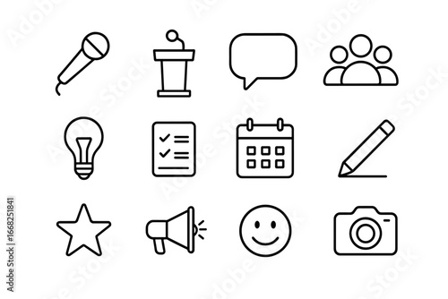 Public Speaking Icons. Outline icon set of public speaking confidence: microphone, podium, speech bubble,