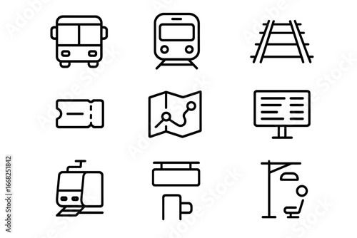Public Transport Icons. Outline icon set of public transport systems: bus icon, metro train, tram rails,
