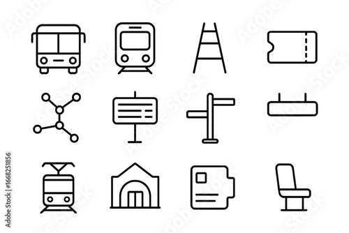 Public Transport Icons. Outline icon set of public transport systems: bus icon, metro train, tram rails,