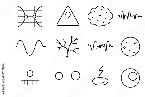 Quantum Cosmology Icons. Outline vector icons of quantum cosmology: quantum field, uncertainty icon,