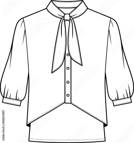 Women's blouse technical sketch, puff sleeve shirt design, bow neck fashion CAD, asymmetrical hem garment, flat vector illustration, detailed seams