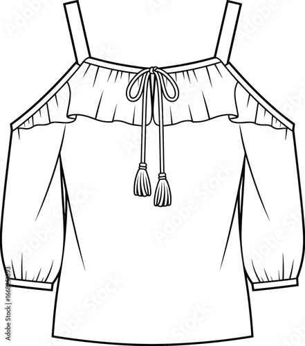 Women's cold shoulder blouse, fashion flat sketch, ruffle neckline, tassel bow detail, long puff sleeve, CAD drawing, vector illustration