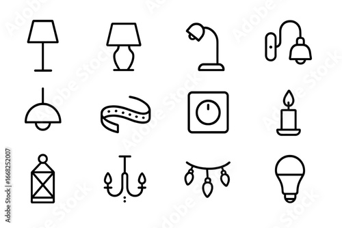Reading Nook Lighting Icons. Outline icon set of reading nook lighting: floor lamp, table lamp, reading lamp,