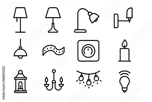 Reading Nook Lighting Icons. Outline icon set of reading nook lighting: floor lamp, table lamp, reading lamp,
