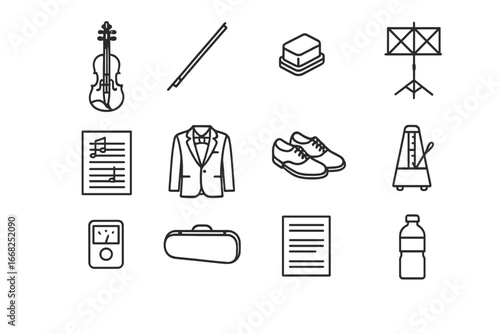 Recital Essentials Icons. Outline icon set of recital preparation items: violin, bow, rosin, music stand,