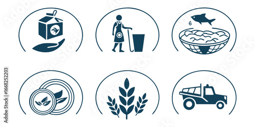 Six dark blue circular icons depicting food production and handling concepts food handling agriculture