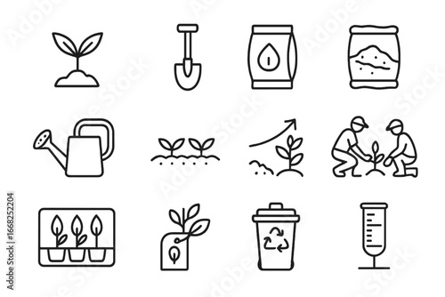 Reforestation Icon Set. Outline icon set of reforestation projects: sapling plant, shovel icon, seed packet,