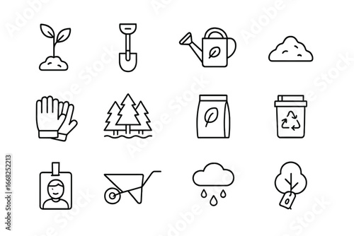 Reforestation Icons Grid. Outline icon set of reforestation projects: sapling, shovel, watering can, soil