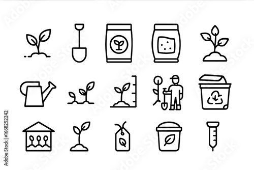 Reforestation Icon Set. Outline icon set of reforestation projects: sapling plant, shovel icon, seed packet,