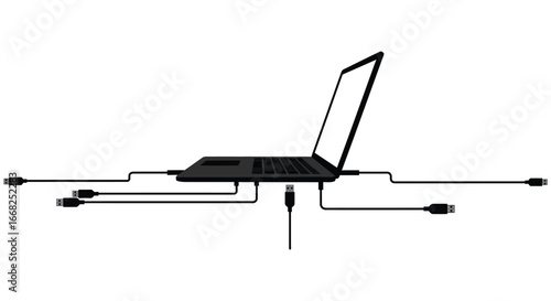 Laptop computer with multiple cables connected to various ports on the device