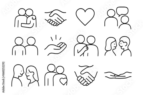 Relationship Support Icons. Outline icon set of relationship support: comforting partner, reassuring hand,
