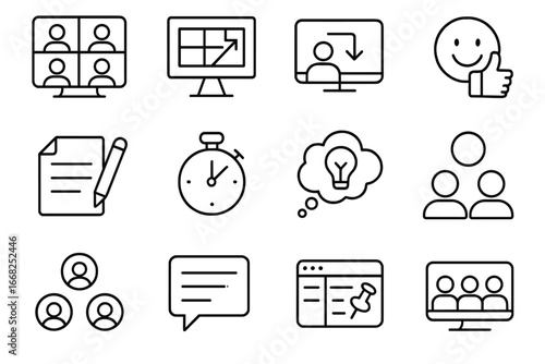 Remote Team Icon Set. Outline icon set of remote team brainstorming: video call, virtual whiteboard, screen