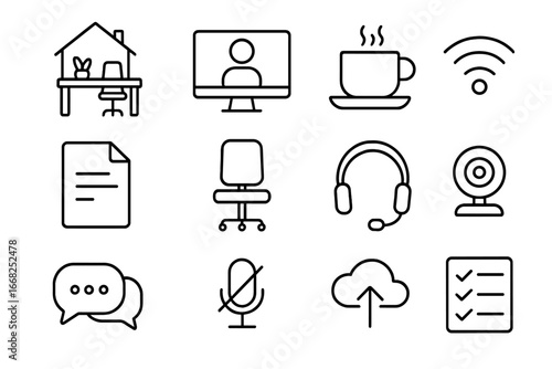 Remote Work Icon Set. Outline icon set of remote work calls: home office desk, computer screen, coffee cup, Wi