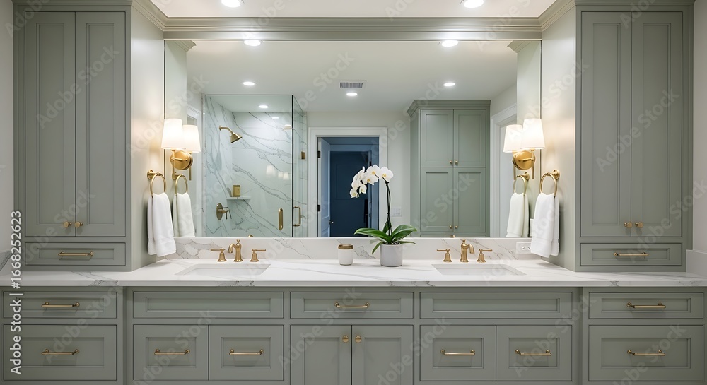 Fototapeta premium Serene Gray Master Bathroom - Elegant Double Vanity with Orchid Accents.
