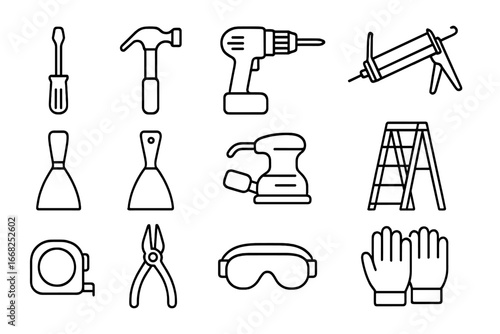 Repair Tools Icon Set. Outline icon set of repair tools for windows and doors: screwdriver, hammer, drill,