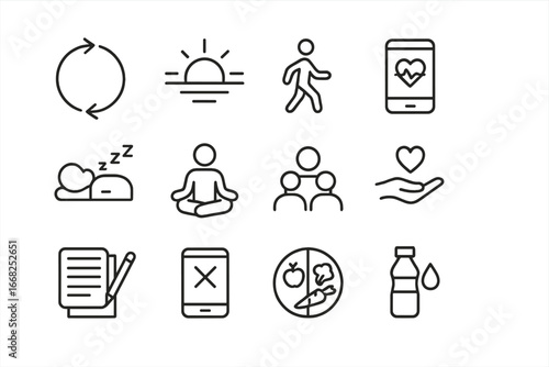 Resilience Habits Icons. Outline icon set of long-term resilience habits: habit loop, sunrise schedule, step