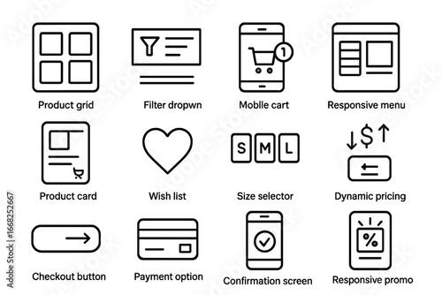 Responsive UI Icons. Outline icon set of responsive e-commerce UI: product grid, filter dropdown, mobile cart,