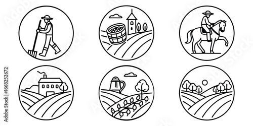 Set of six circular line art icons depicting rural farm life and agriculture farming harvest