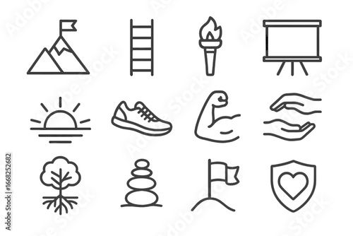 Resilience Icon Set. Outline icon set of resilience building: mountain peak, ladder, torch, motivational quote