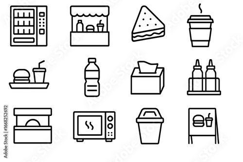 Rest Stop Icons. Outline icon set of rest stop food area: vending machine, snack bar, sandwich, coffee cup,