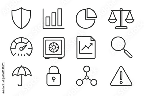 Risk Management Icons. Outline icon set of risk management in investments: shield, bar chart, pie chart,
