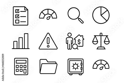 Risk Assessment Icons. Outline icon set of risk assessment: checklist document, risk meter, magnifying glass,