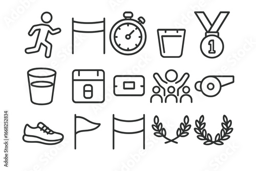 Road Marathon Icons. Outline icon set of road marathon: runner, finish line, stopwatch, medal, water cup, race