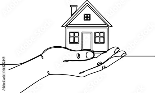 One Line Drawing of a Hand Holding a House Symbol