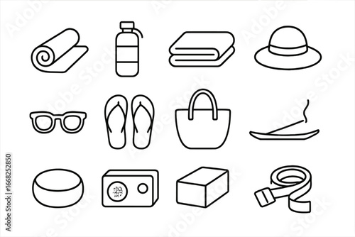 Riverside Yoga Essentials. Outline icon set of riverside yoga: yoga mat, water bottle, towel, hat, sunglasses,