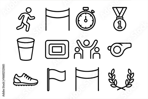 Road Marathon Icons. Outline icon set of road marathon: runner, finish line, stopwatch, medal, water cup, race
