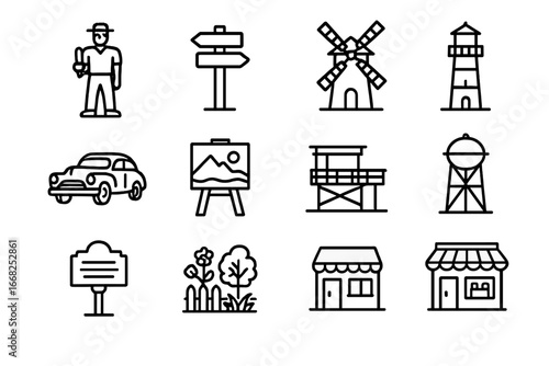 Roadside Attraction Icons. Outline icon set of roadside attractions: giant statue, signpost, windmill, old car