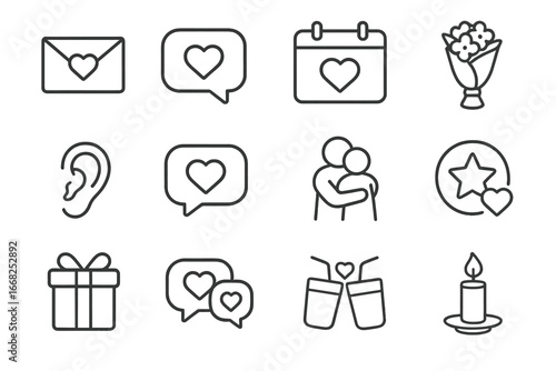 Romantic Icons Set. Outline icon set of romantic communication habits: love letter, text bubble, date calendar