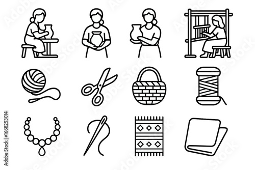 Rural Handicraft Icons. Outline icon set of women in rural handicraft trade: pottery wheel, clay pot, loom,