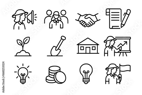 Rural Leaders Icon Set. Outline icon set of rural female leaders in community projects: megaphone, group of
