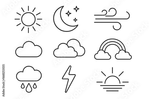 Rural Weather Icons. Outline icon set of rural weather and sky: sun rays, crescent moon, stars, wind gust,
