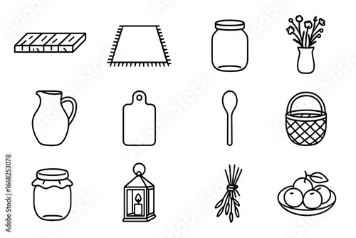 Rustic Kitchen Icons. Outline icon set of rustic kitchen styling: wooden countertop, burlap runner, mason jar,