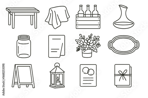 Rustic Wine Icon Set. Outline icon set of rustic wine tasting decor: wooden table, linen cloth, wine crate,