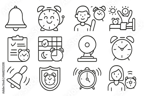 School Alarm Clock Icons. Outline vector icons of school alarm clocks: bell icon, cartoon clock face, student