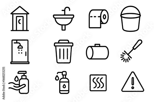 Sanitation Facilities Icons. Outline icon set of sanitation facilities: latrine, wash basin, toilet paper roll
