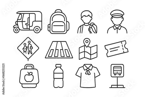 School Transport Icons. Outline icon set of tuk-tuk for school transport: tuk-tuk, school bag, student, driver