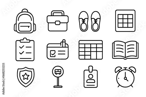 School Preparation Icons. Outline icon set of school preparation: backpack icon, lunchbox, school shoes,