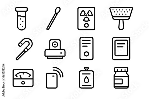 Science Experiment Icons. Outline icon set of scientific experiments during EVA: sample vial, test swab,