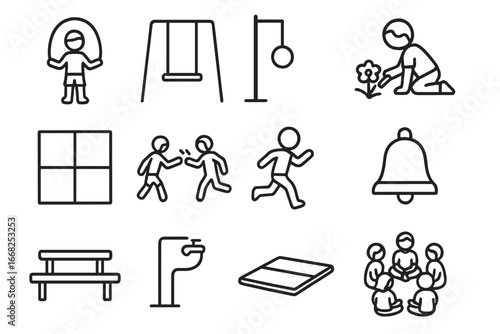 Schoolyard Activity Icons. Outline icon set of schoolyard activities: jump rope, swing chain, tetherball,