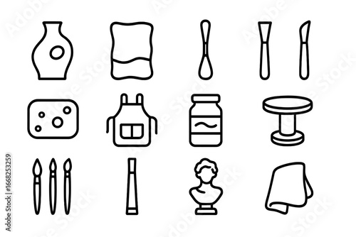 Sculptural Pottery Icons. Outline icon set of sculptural pottery: abstract vase, clay slab, carving loop,