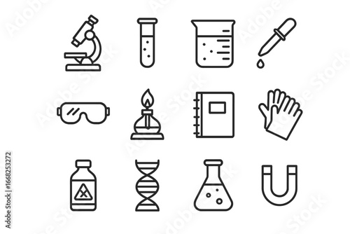 Science Lab Icons. Outline icon set of science labs on campus: microscope, test tube, beaker, safety goggles,