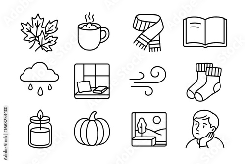 Seasonal Book Icons. Outline icon set of seasonal book enjoyment: autumn leaves, hot cocoa, scarf, cozy book,