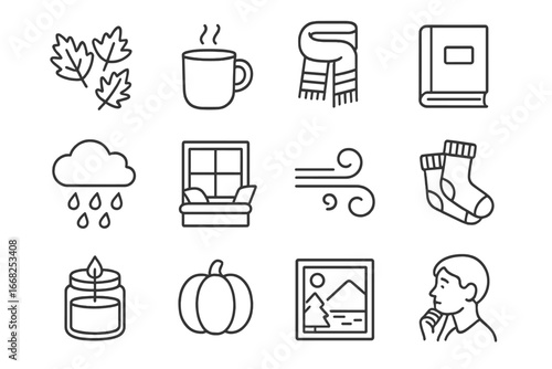 Seasonal Book Icons. Outline icon set of seasonal book enjoyment: autumn leaves, hot cocoa, scarf, cozy book,